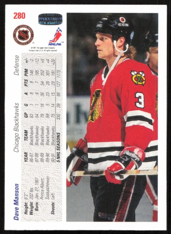 1991-92 Upper Deck Dave Manson #280 (Back)