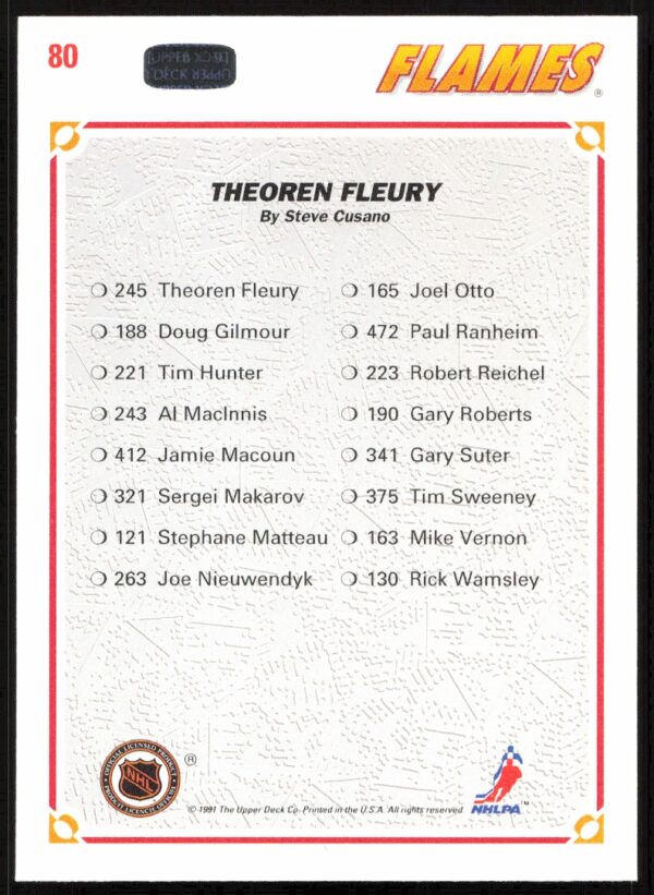 1991-92 Upper Deck Theoren Fleury #80 (Back)