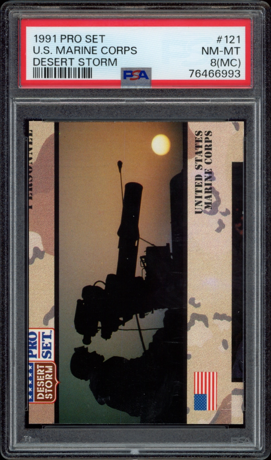 Graded PSA 8 1991 Pro Set Desert Storm Marine Corps collectible card with dusk silhouette.