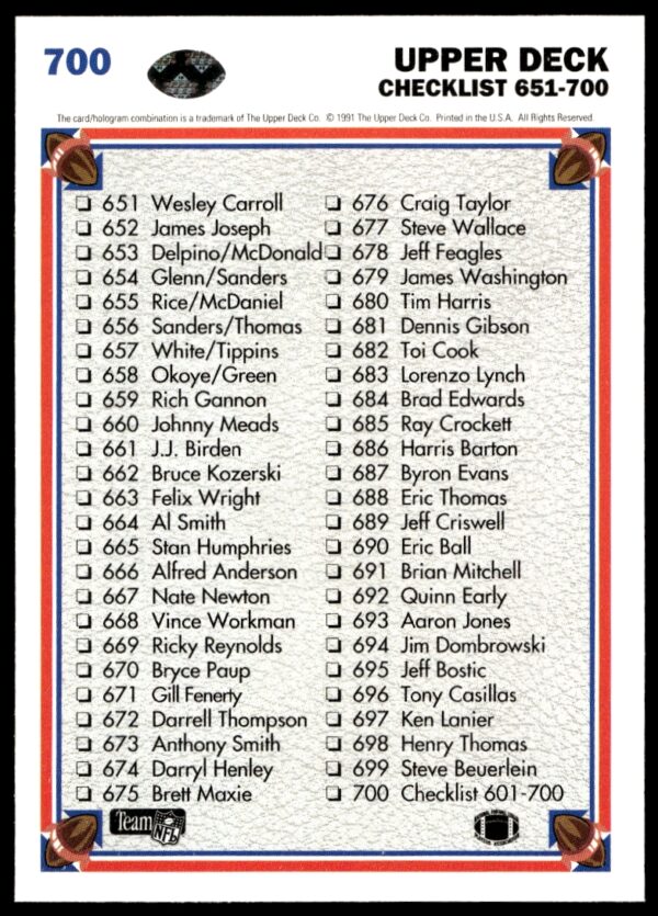 1991 Upper Deck Checklist: 601-700 #700 (Back)