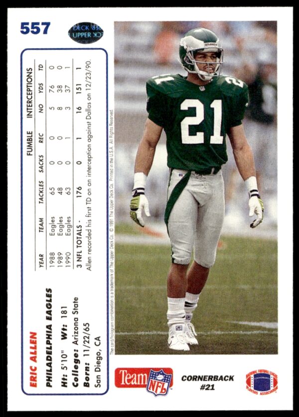 1991 Upper Deck Eric Allen #557 (Back)