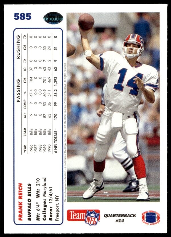 1991 Upper Deck Frank Reich #585 (Back)