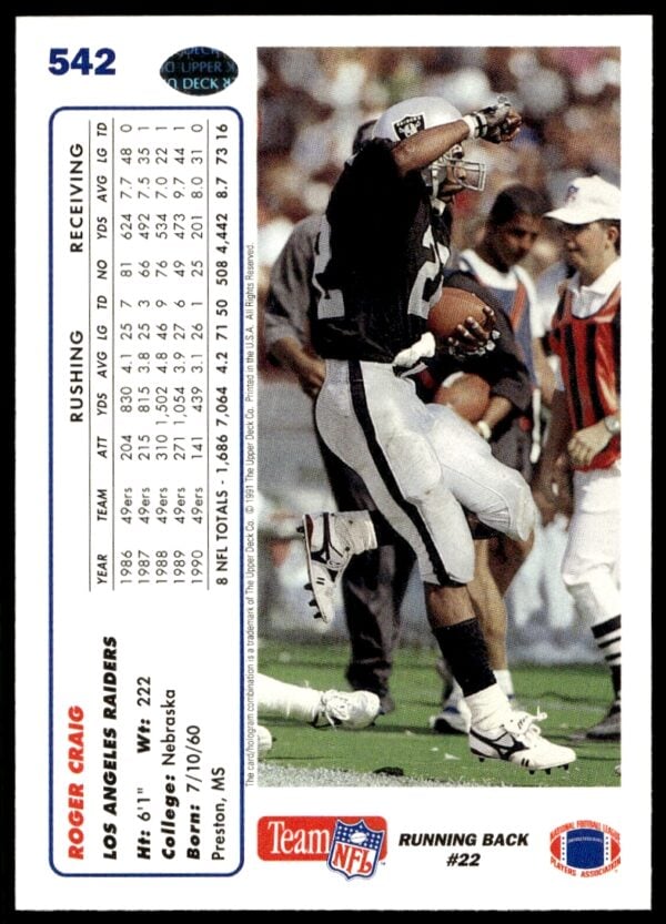 1991 Upper Deck Roger Craig #542 (Back)