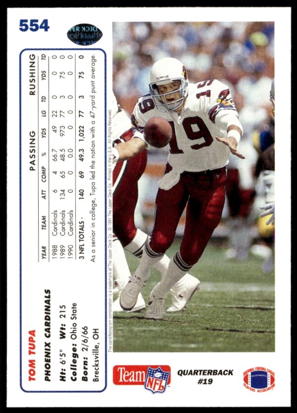 1991 Upper Deck Tom Tupa #554 (Back)