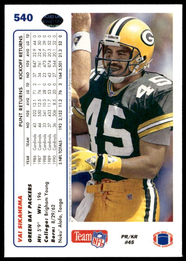 1991 Upper Deck Vai Sikahema #540 (Back)