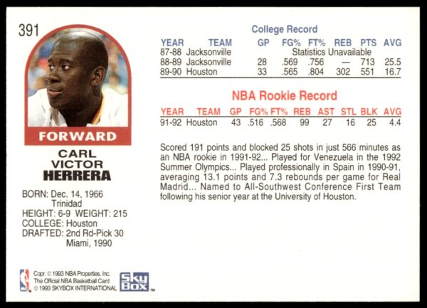 1992-93 NBA Hoops Carl Herrera #391 (Back)