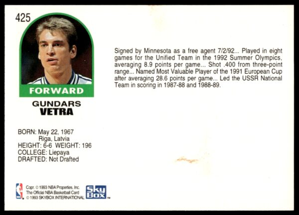 1992-93 NBA Hoops Gundars Vetra #425 (Back)