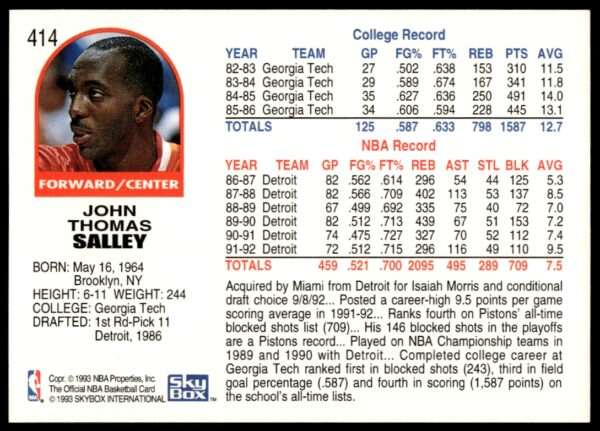 1992-93 NBA Hoops John Salley #414 (Back)