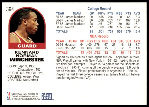 1992-93 NBA Hoops Kennard Winchester #394 (Back)