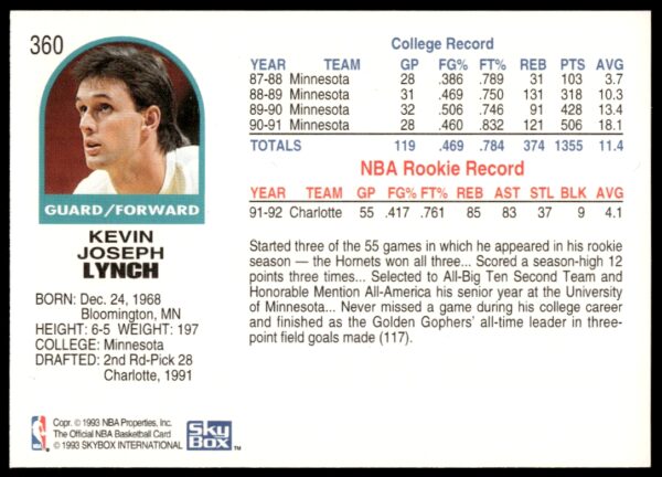 1992-93 NBA Hoops Kevin Lynch #360 (Back)