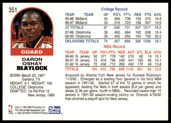 1992-93 NBA Hoops Mookie Blaylock #351 (Back)