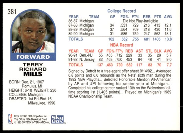 1992-93 NBA Hoops Terry Mills #381 (Back)