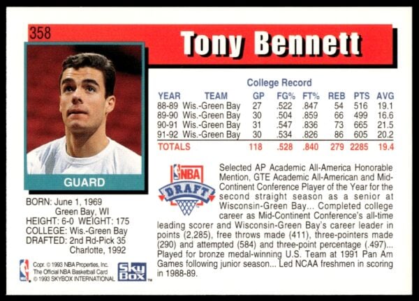 1992-93 NBA Hoops Tony Bennett #358 (Back)