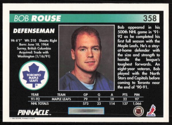 1992-93 Pinnacle Bob Rouse #358 (Back)