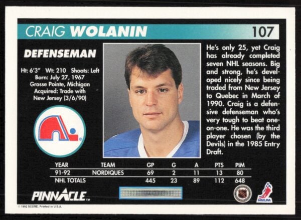 1992-93 Pinnacle Craig Wolanin #107 (Back)