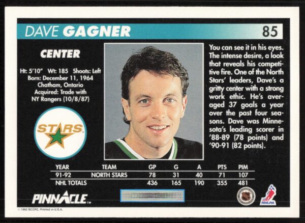 1992-93 Pinnacle Dave Gagner #85 (Back)