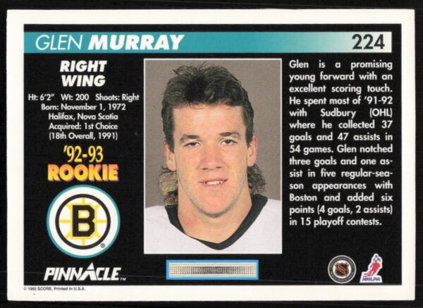 1992-93 Pinnacle Glen Murray #224 (Back)