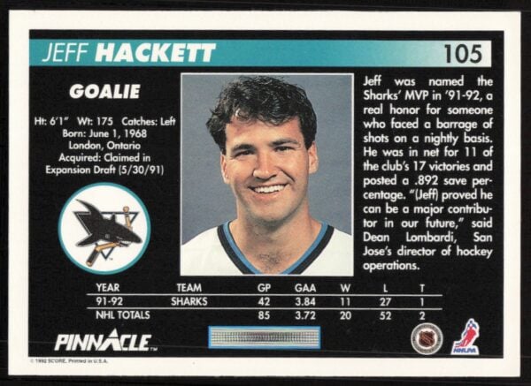 1992-93 Pinnacle Jeff Hackett #105 (Back)