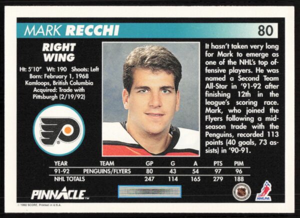 1992-93 Pinnacle Mark Recchi #80 (Back)