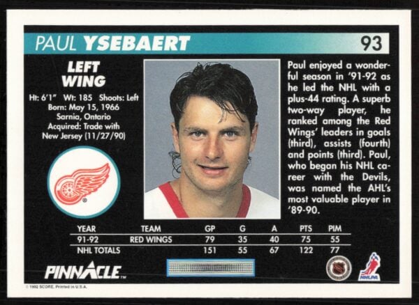 1992-93 Pinnacle Paul Ysebaert #93 (Back)