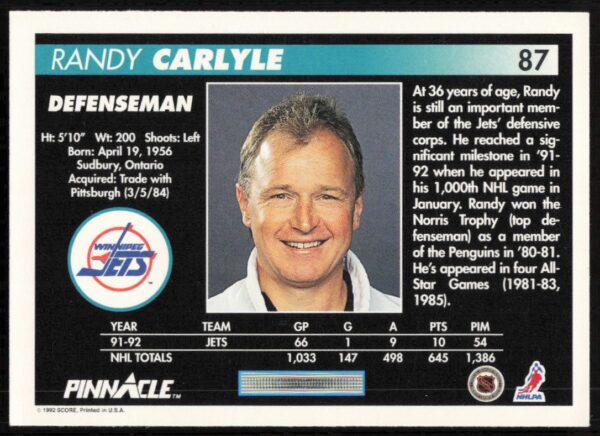 1992-93 Pinnacle Randy Carlyle #87 (Back)