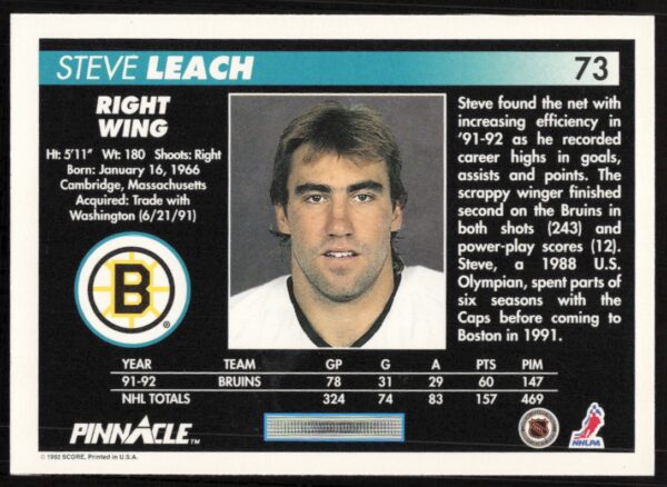 1992-93 Pinnacle Steve Leach #73 (Back)