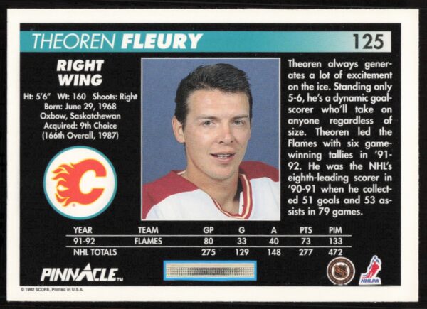 1992-93 Pinnacle Theoren Fleury #125 (Back)