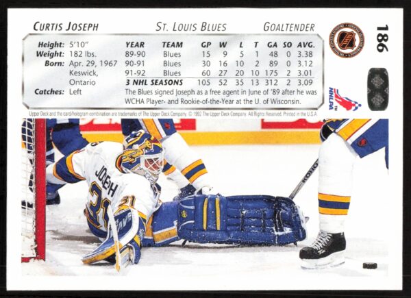 1992-93 Upper Deck Curtis Joseph #186 (Back)