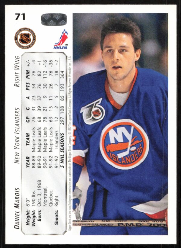 1992-93 Upper Deck Daniel Marois #71 (Back)