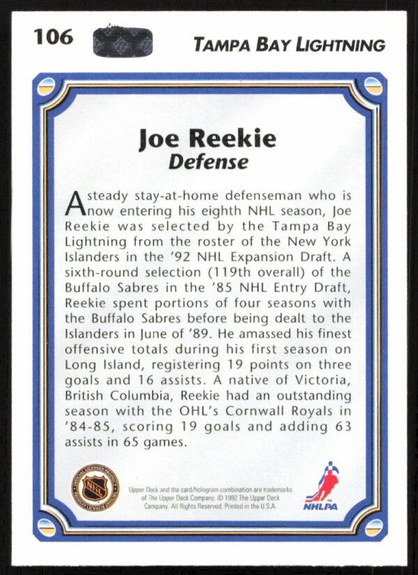 1992-93 Upper Deck Joe Reekie #106 (Back)