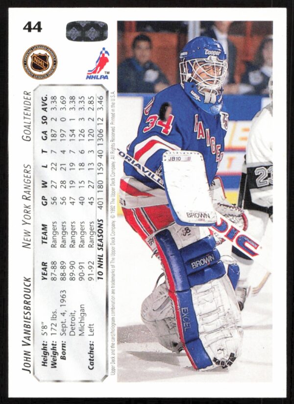 1992-93 Upper Deck John Vanbiesbrouck #44 (Back)