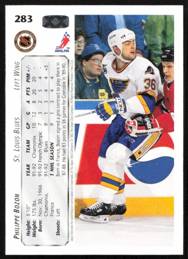 1992-93 Upper Deck Philippe Bozon #283 (Back)