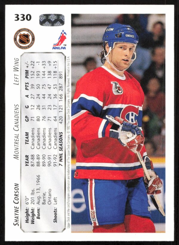 1992-93 Upper Deck Shayne Corson #330 (Back)