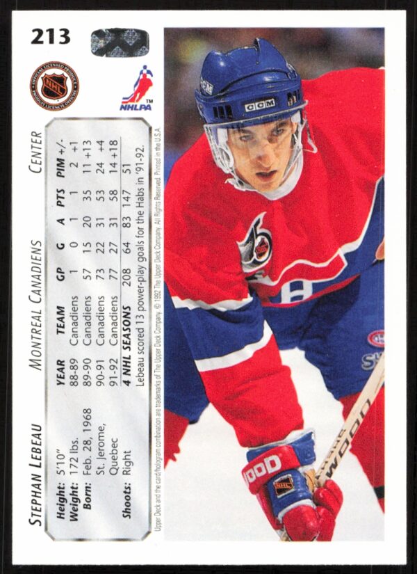 1992-93 Upper Deck Stephan Lebeau #213 (Back)