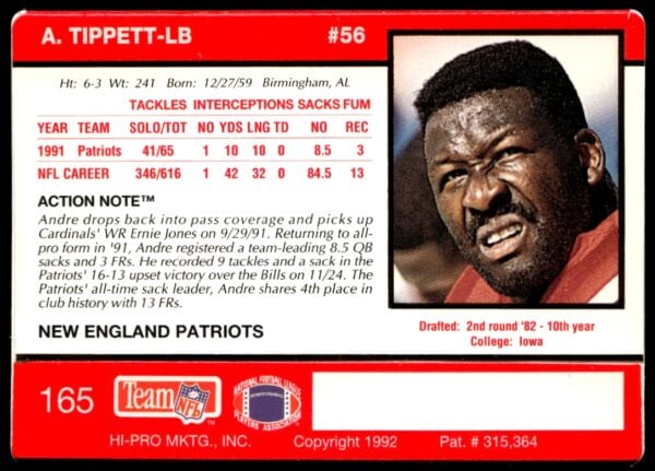 1992 Action Packed Andre Tippett #165 (Back)