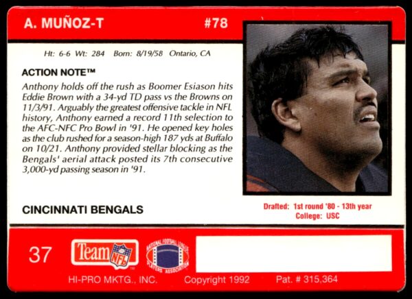 1992 Action Packed Anthony Munoz #37 (Back)