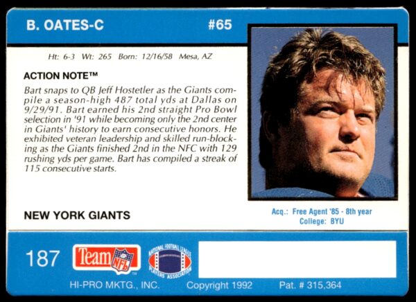 1992 Action Packed Bart Oates #187 (Back)