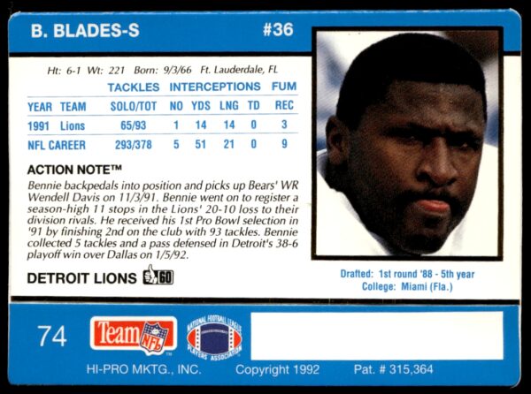 1992 Action Packed Bennie Blades #74 (Back)