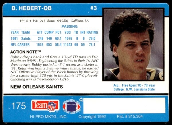 1992 Action Packed Bobby Hebert #175 (Back)