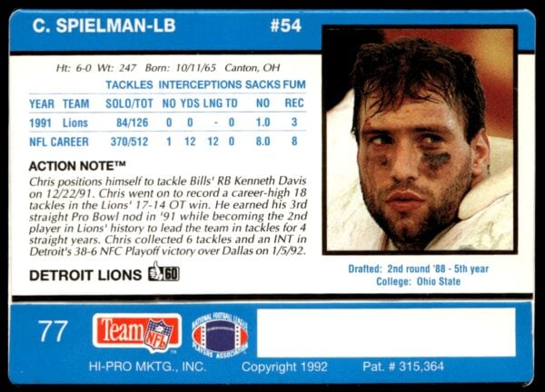 1992 Action Packed Chris Spielman #77 (Back)