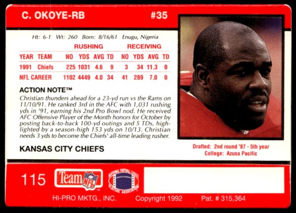 1992 Action Packed Christian Okoye #115 (Back)