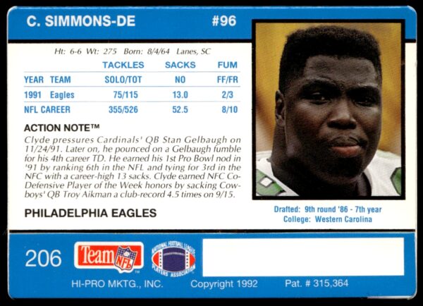 1992 Action Packed Clyde Simmons #206 (Back)