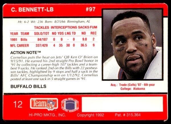 1992 Action Packed Cornelius Bennett #12 (Back)