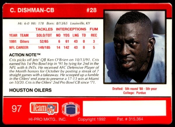 1992 Action Packed Cris Dishman #97 (Back)