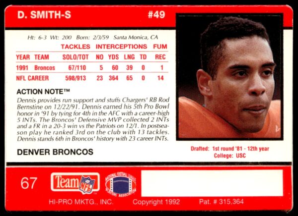 1992 Action Packed Dennis Smith #67 (Back)