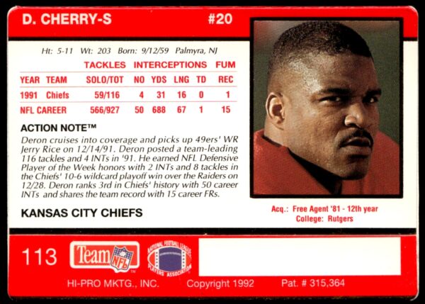 1992 Action Packed Deron Cherry #113 (Back)