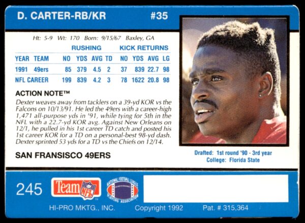 1992 Action Packed Dexter Carter #245 (Back)