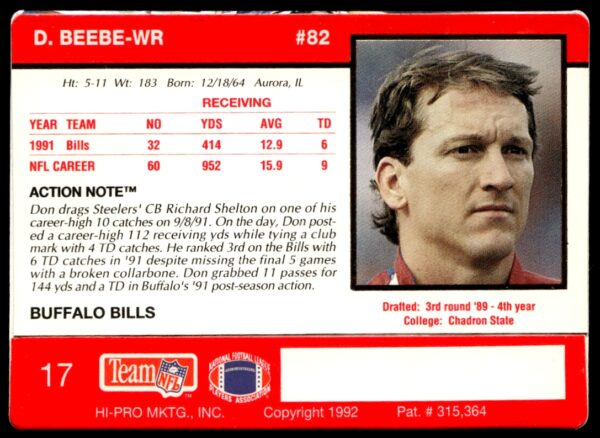 1992 Action Packed Don Beebe #17 (Back)