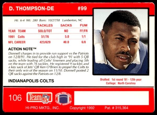 1992 Action Packed Donnell Thompson #106 (Back)