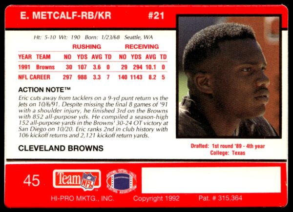 1992 Action Packed Eric Metcalf #45 (Back)